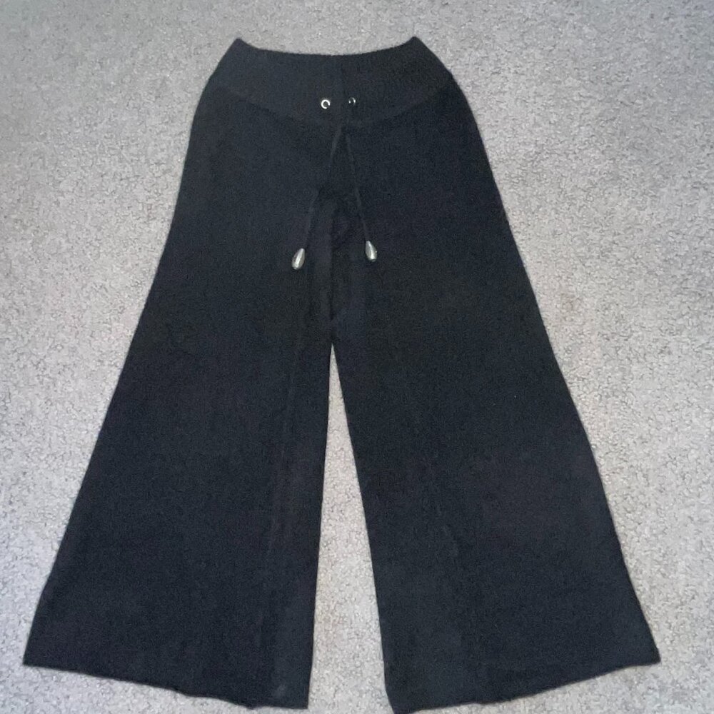 Wide Leg Black Knit Pants with Drawstring Waist
